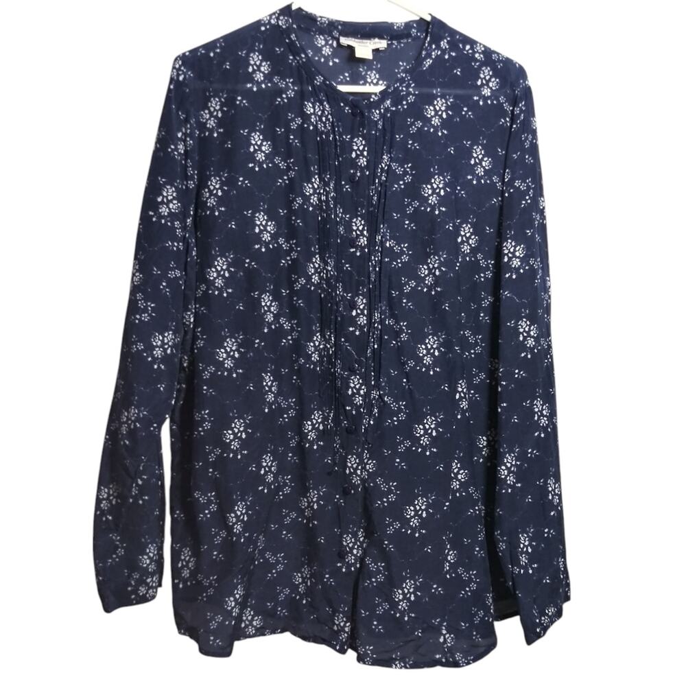 Coldwater Creek Floral Navy Silk Pintuck Women's Button Up Blouse Top Sz 16/18W